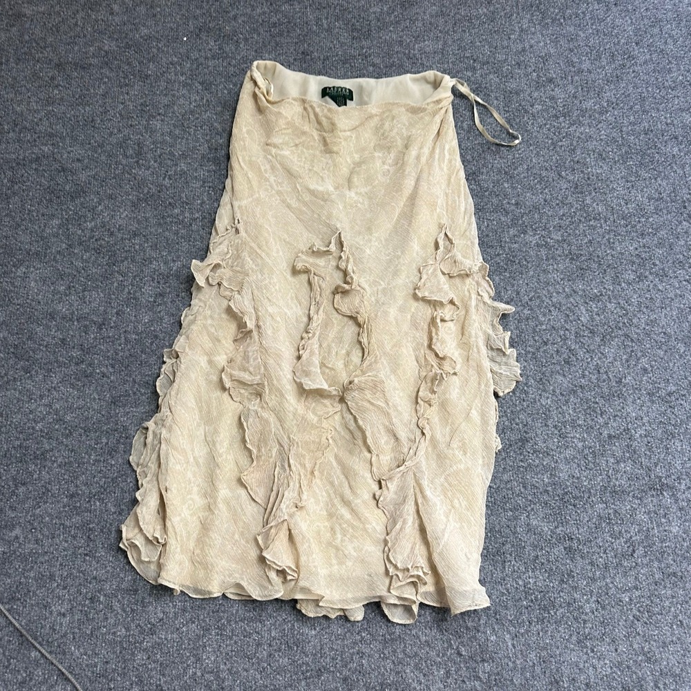 Lauren Ralph Lauren Skirt Womens Petite S Beige Silk Ruffle Paisley Midi Skirt